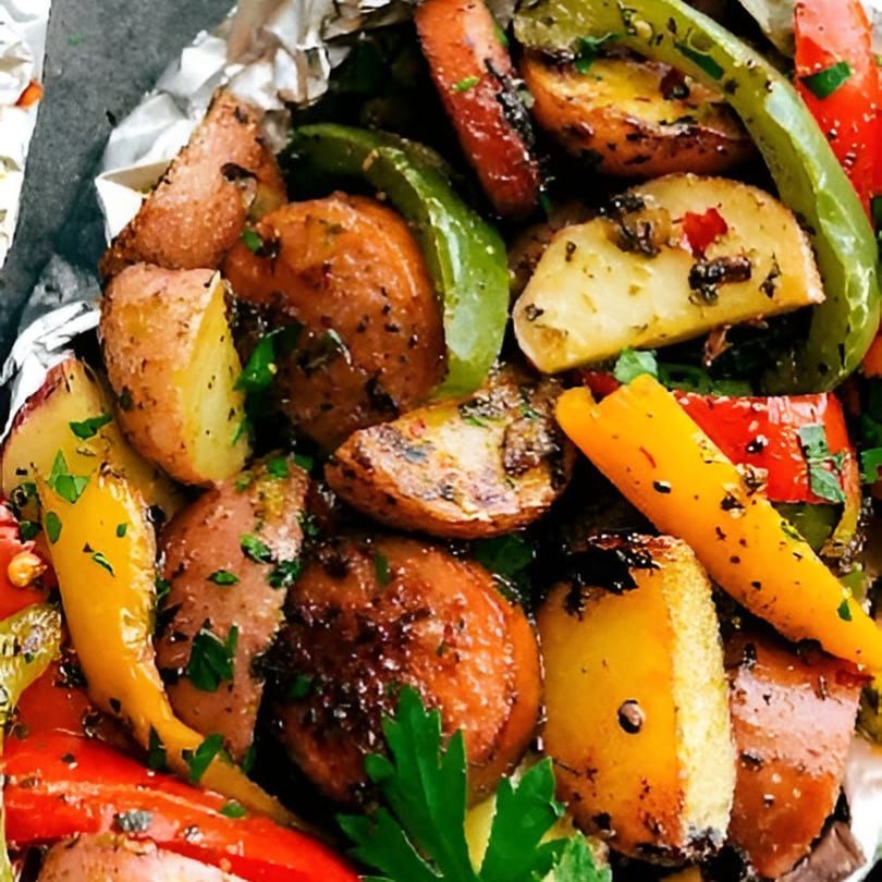 Close-up of roasted potatoes and colorful bell peppers seasoned with herbs, served in foil.