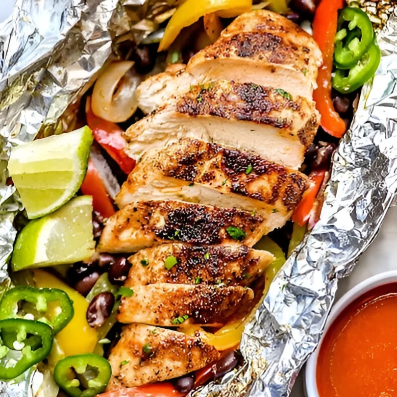 Sliced grilled chicken with colorful peppers, black beans, jalapeños, and lime wedges in foil.